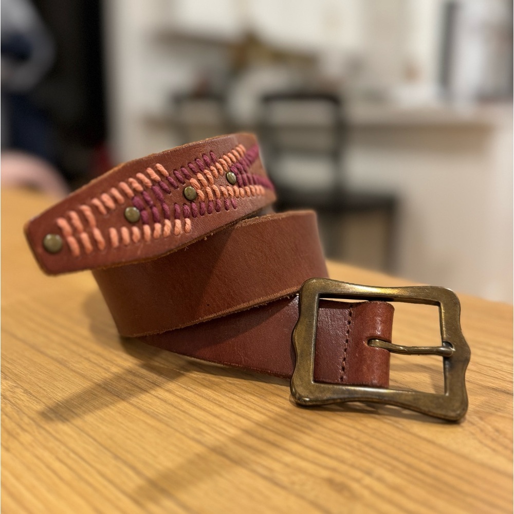 Lucky Brand Embroidered Beaded Boho   Brown Genuine Leather Belt Sz L